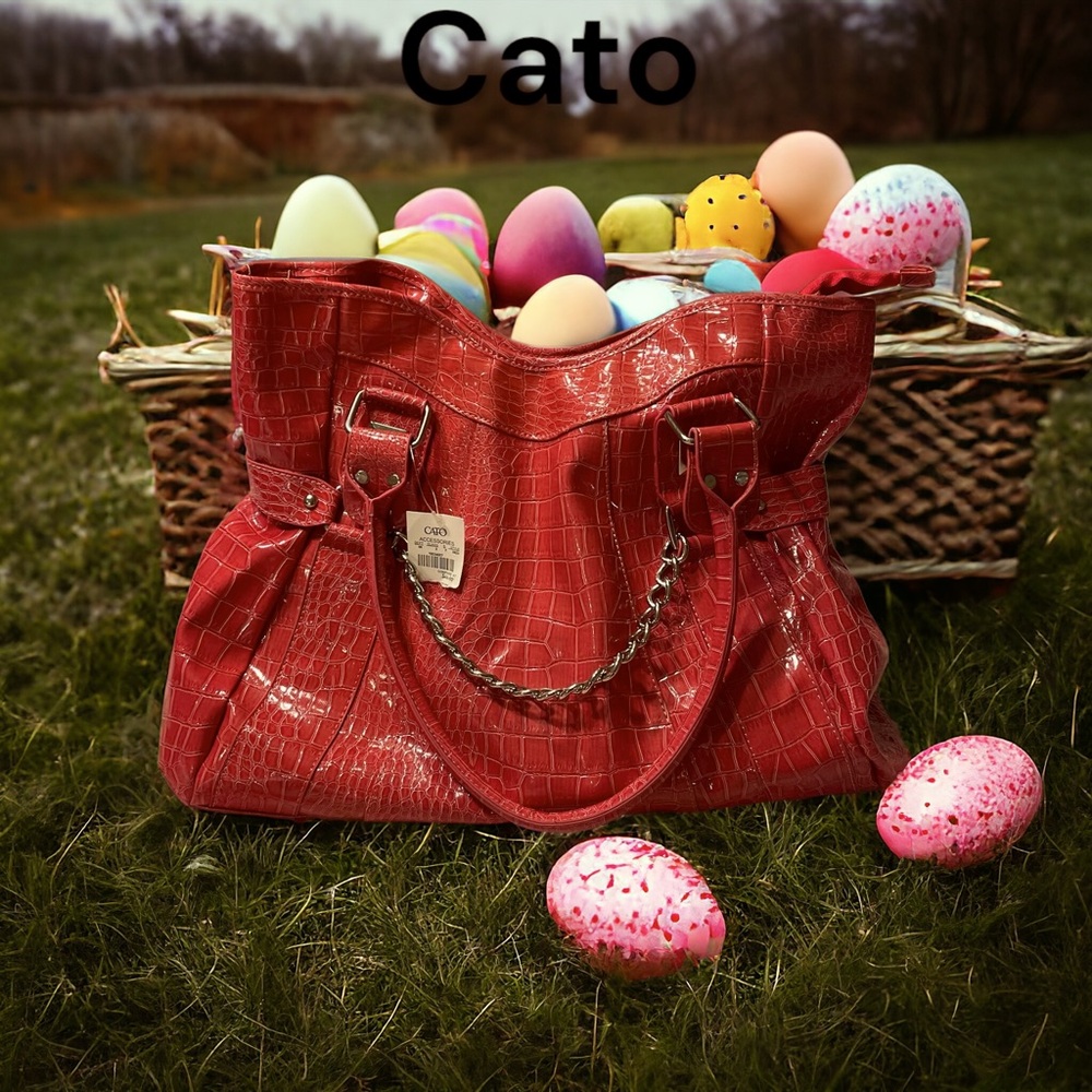 Cato pink faux croc embossed tote bag NWT zip close 11x14 in silver chain